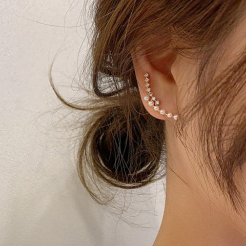 Pearl and Sparkling Diamond Curving Earrings