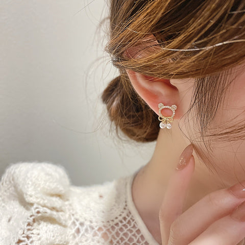 Pearl Bear Bow Stud Earrings