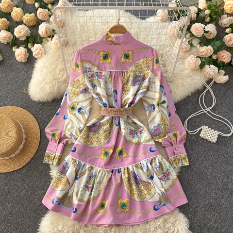 Bow Long-sleeve Belted Print Dress