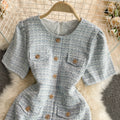 Round Neck Single-breasted Tweed Dress