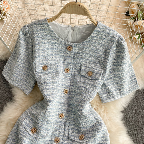 Round Neck Single-breasted Tweed Dress