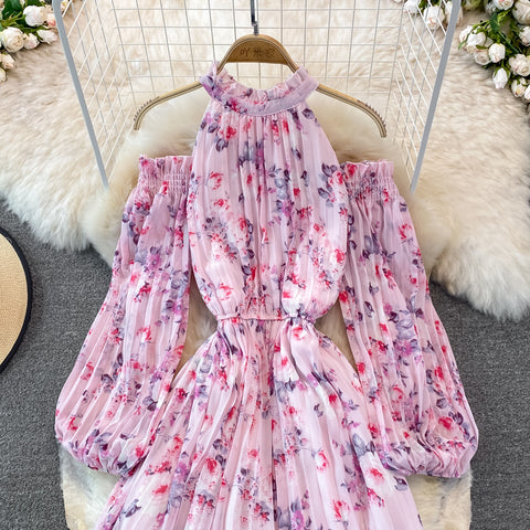 Puff-sleeve Halterneck Off-the-shoulder Floral Dress