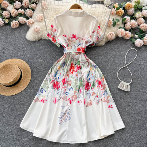 Suit Collar Floral Printed Chiffon Dress