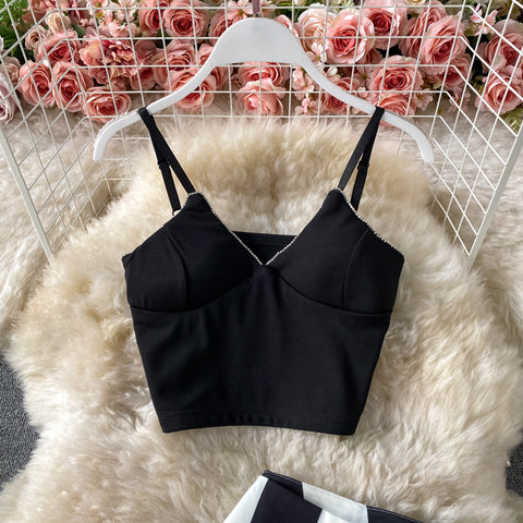 Chest Cushion V-Neck Short Halter Vest Two-Piece Set