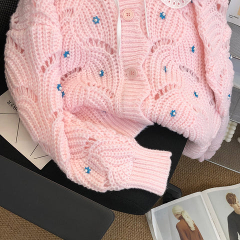 Beaded Floral Hollow Single-breasted Cardigan