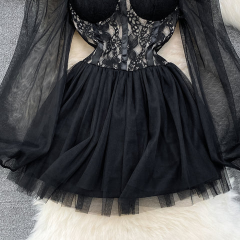 High Waist Puffy Black Lace Dress