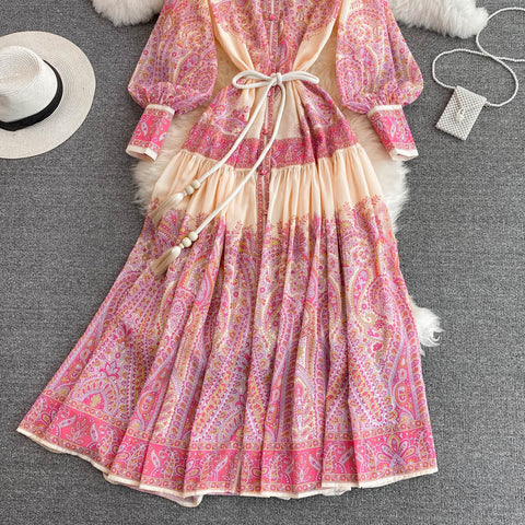 Palace Style Lantern Sleeve Printed Dress