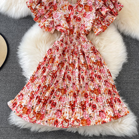 V-Neck Ruffle Sleeve Floral Pleated Dress
