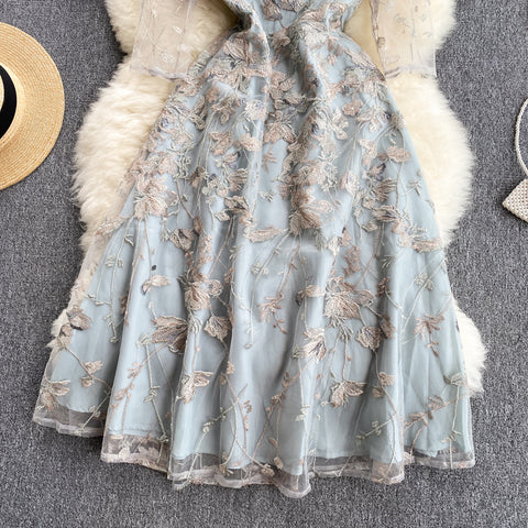 Light Blue Embroidered Mesh Dress