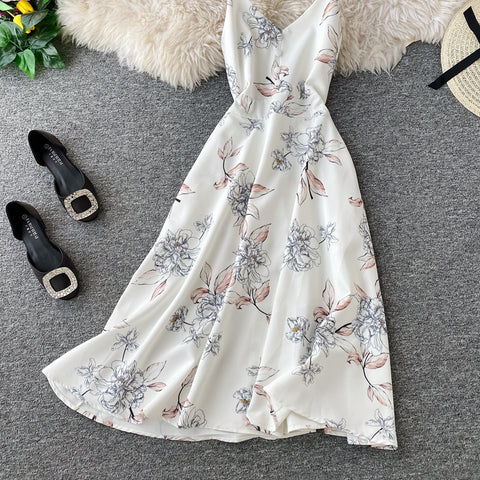 Printed V-neck Strap Beach Dress