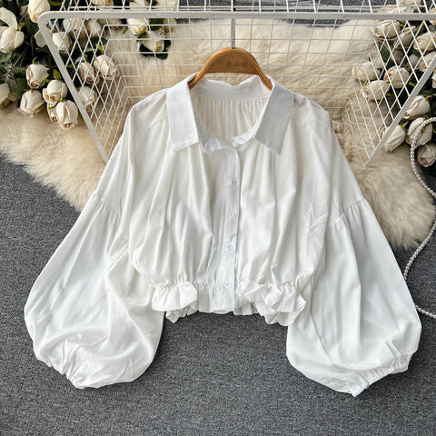 Puffy Sleeve Lapeled Short Blouse