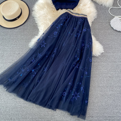 Star Sequined Mesh Skirt & Knit Top Two-piece