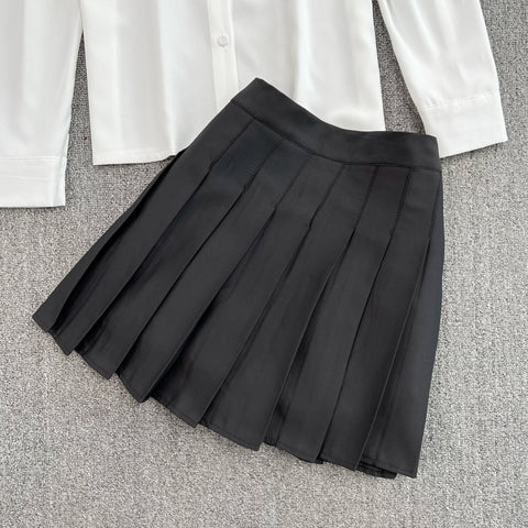 Tie Shirt Top High Waist Pleated Skirt Two Piece Set