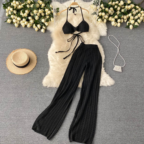 Hollow Knitted Tube Top And High Waist Pants Two-piece Suit