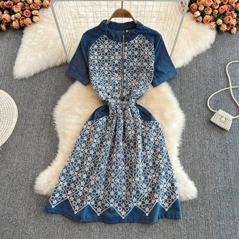 Stand Collar Zip Jacquard Embroidered Waist Dress