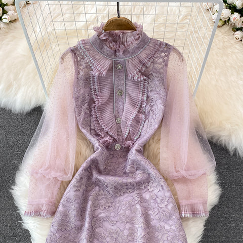 Ruffled Mesh-paneled Lace Crochet Dress