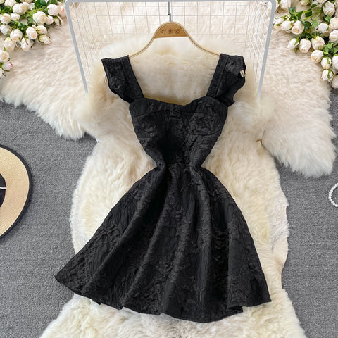 Jacquard Dress With Square Collar And Waist
