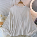 V-neck Shirt With Pleated Lace And Pearl Buttons