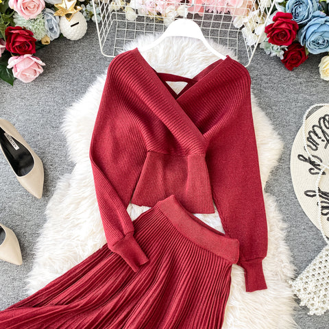 Two-piece Bright Silk Knitted Sweater + Skirt