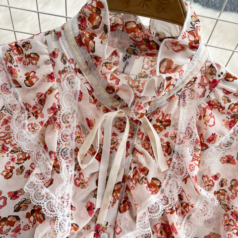 Lace Floral Chiffon Shirt Lace-Up Top