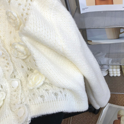 Hand Crocheted Floral White Cardigan
