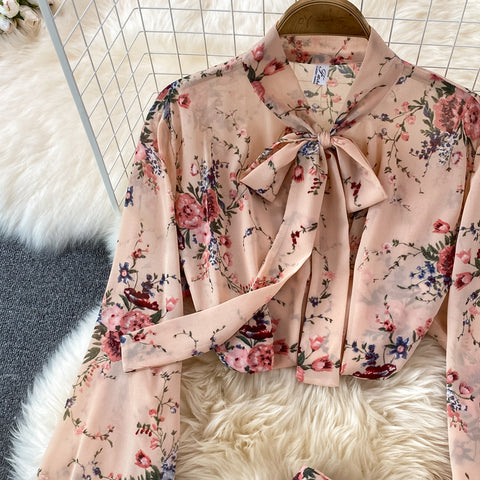 Two-piece Bow Tie Floral Chiffon Shirt And Skirt
