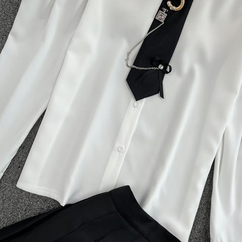 Tie Shirt Top High Waist Pleated Skirt Two Piece Set