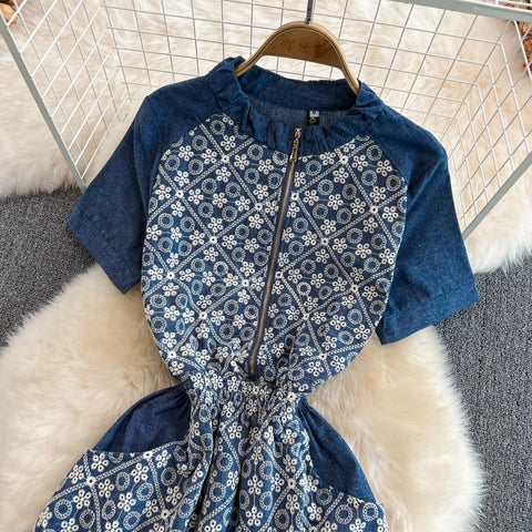 Stand Collar Zip Jacquard Embroidered Waist Dress