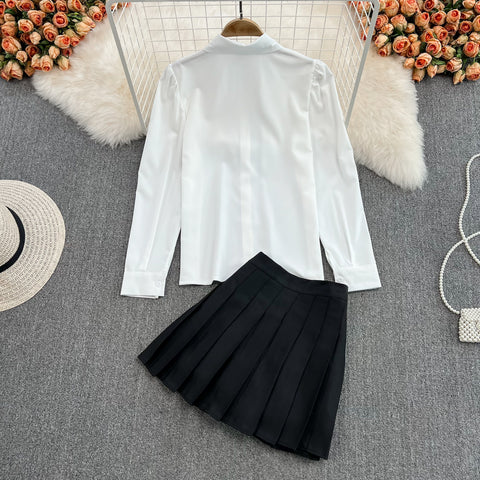 Tie Shirt Top High Waist Pleated Skirt Two Piece Set