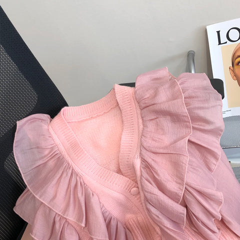 Sweet Ruffle-trimmed Patchwork Cardigan