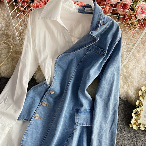Denim Stitching Long-sleeved Shirt Dress