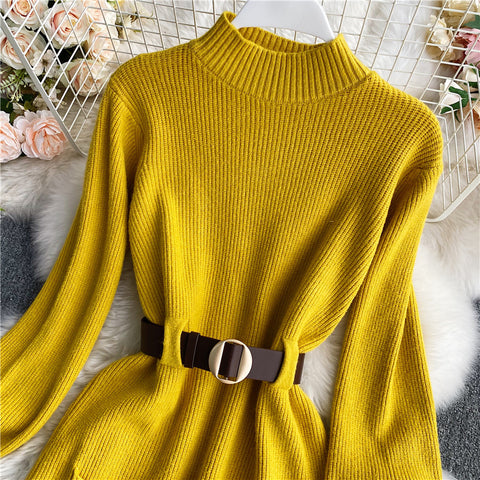 Turtleneck Long Sleeve Knitted Sweater Dress