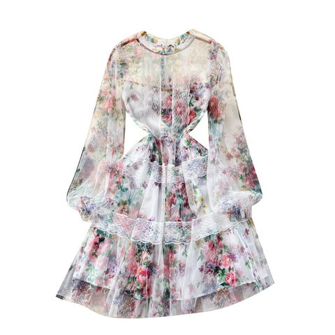 Sweet Floral Printed Lace Dress