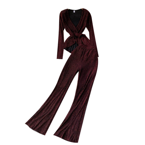 Pit-striped Lace-up Cardigan&Trousers 2Pcs
