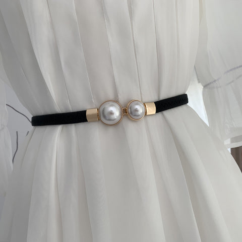Pearly Elastic Belt With A Tight Buckle