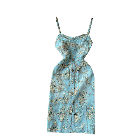 Floral Denim Dress With Sweet Straps