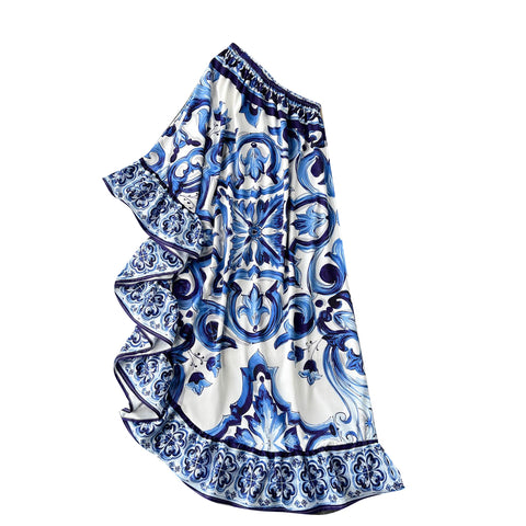 Irregular Celadon Printed One-shoulder Dress