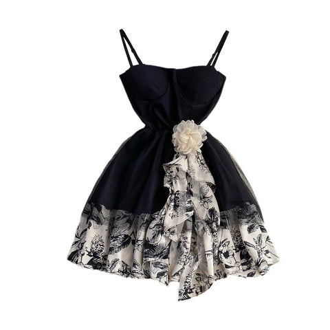 Ink Floral Printed Patchwork Puffy Dress