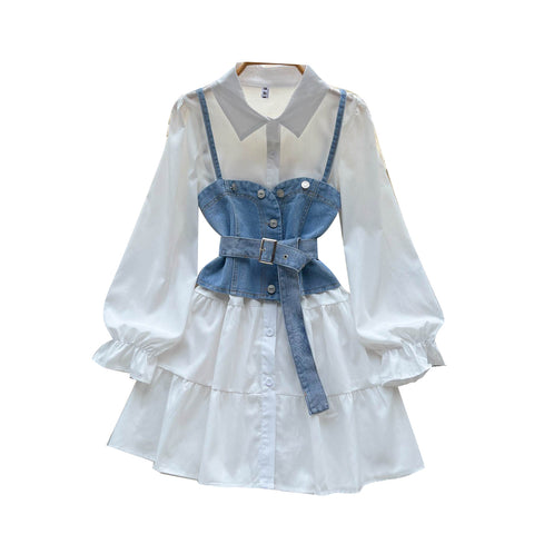 White Shirt Dress&Denim Camisole 2Pcs
