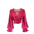 V-neck Ruffle Trimmed Puff-sleeve Top
