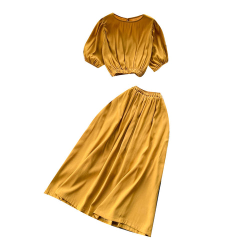 Solid Color Pleated Top&Skirt 2Pcs Set