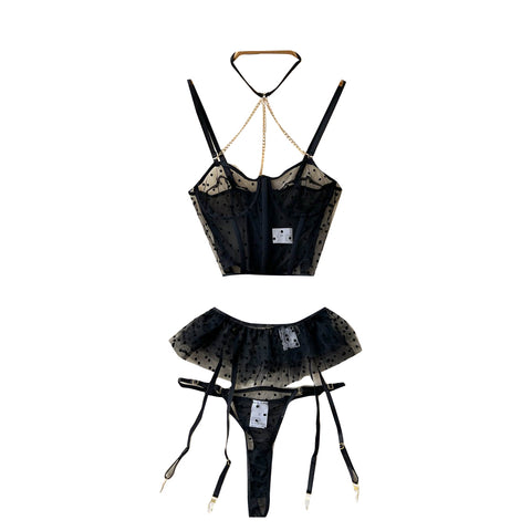 Black Mesh Polka-dot Lingerie 3Pcs