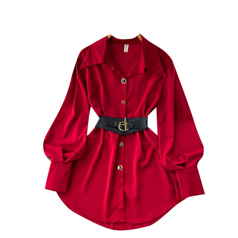 Solid Color Lace-up Shirt Dress with Waistbelt
