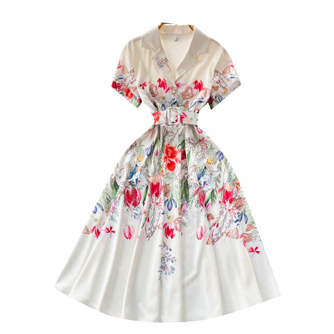 Suit Collar Floral Printed Chiffon Dress