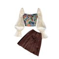 2pcs Bubble-sleeve Top with Pleated Skirt