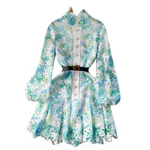 Water-soluble Floral Print Hollowed Dress