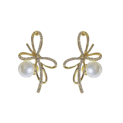Pearl Earrings With Diamond Bow