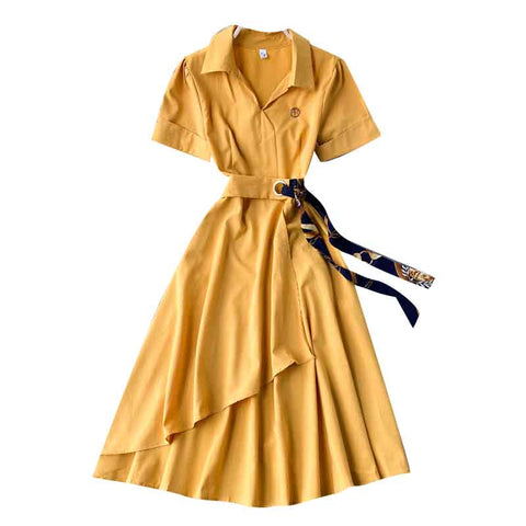Irregular A-Line Belted Waist Dress