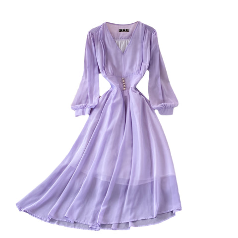 Puff Sleeve High Waist V Neck Chiffon Dress