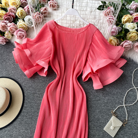 Ruffled Flared Sleeve Pleated Dress